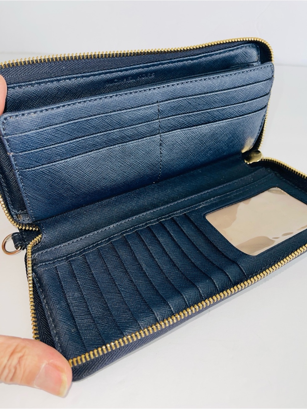 MICHAEL KORS Navy Saffiano Zip Around Wallet Jet Set Pebbled Leather - Picture 9 of 11